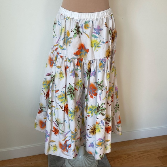 Tanya Taylor Lara White Floral Multicolor Cotton Tiered A-line Midi Skirt EUC XL - Picture 5 of 12